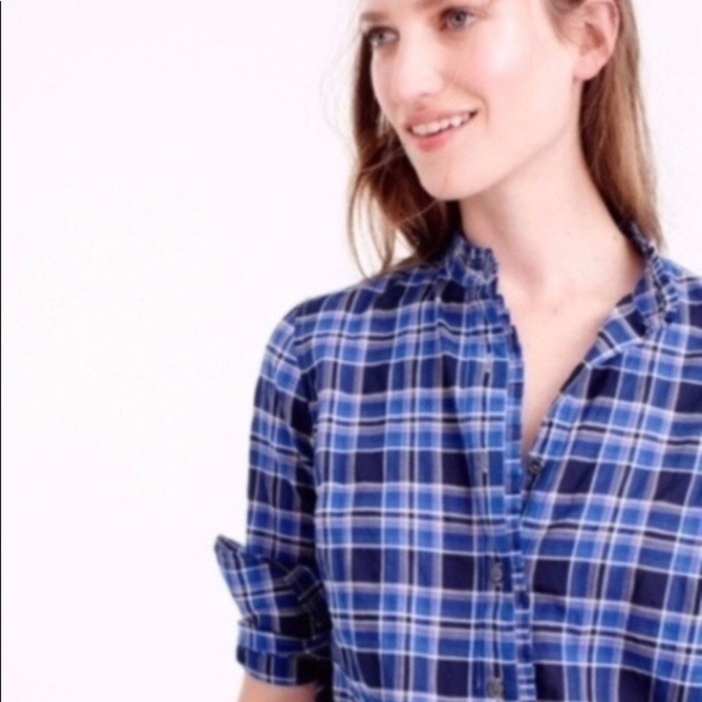 J Crew Ocean Plaid Ruffle Trim Popover